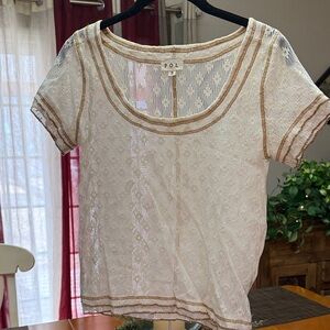 POL Women's Short Sleeve Lace Top - Cream and Tan